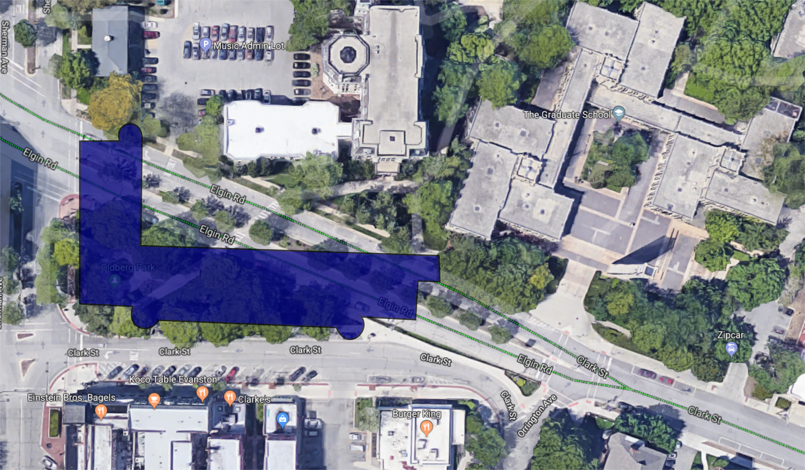 footprint of the current Civic Center overlaid on Elgin Rd